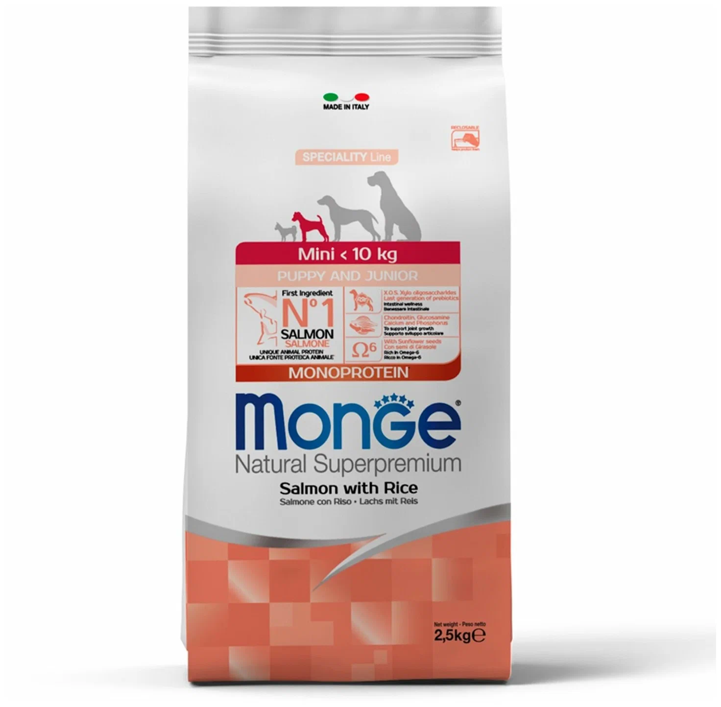 Cumpara  Hrană uscată - MONGE DRY DOG MINI PUPPY Salmone/Rice 2,5kg..